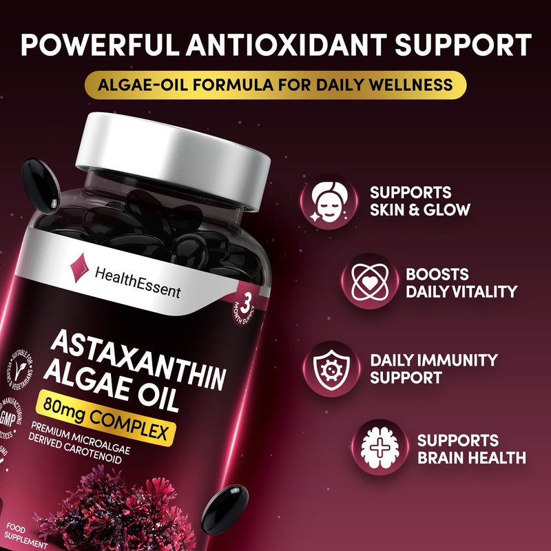HealthEssent Astaxanthin High Strength Algae Oil 80mg Complex - Microalgae Carotenoid from Haematococcus Pluvialis - 90 Vegan Softgel Capsules - Antioxidant Supplements for Skin & Eyes, Non-GMO
