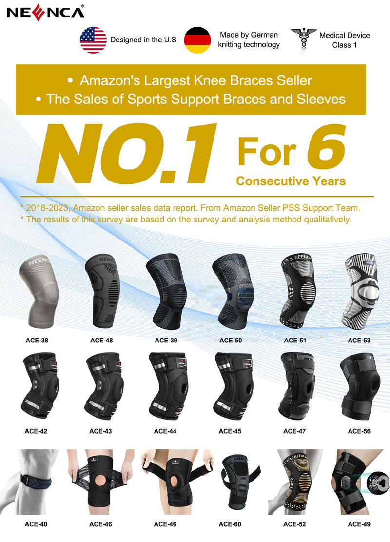 NEENCA Knee Braces for Knee Pain Relief, Compression Knee Sleeves with Patella Gel Pad & Side Stabilizers, Knee Support for Weightlifting, Running, Workout, Arthritis, Meniscus Tear, Men Women. ACE-53 Large Black