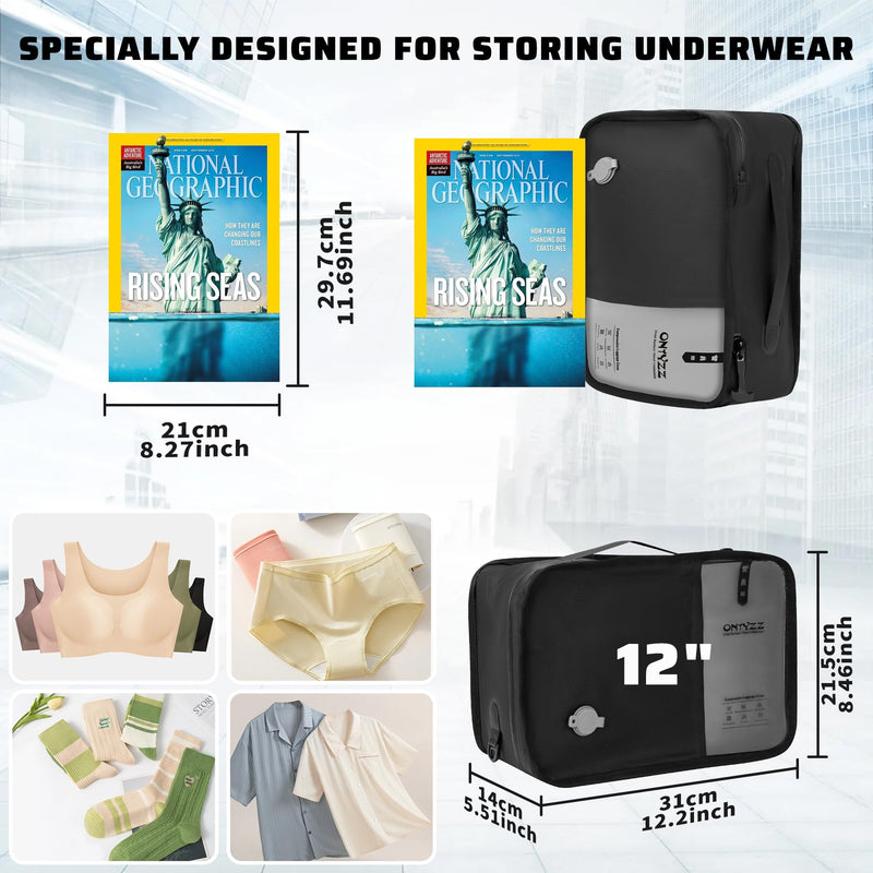 Travel Vacuum Compression Bags 12 inch Space Saver Bags Vacuum Travel Case with IP67 Waterproof Zipper for Socks, Underwear, Two Bag Black 12'' Two Bag