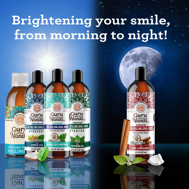 GuruNanda Starter Pulling Oil Mouthwash for Natural Teeth Whitening, Coconut and Peppermint Oil for Fresh Breath & Happy Gums, with Tongue Scraper, Alcohol-Free, 2X8 Oz 8 Fl Oz (Pack of 2)