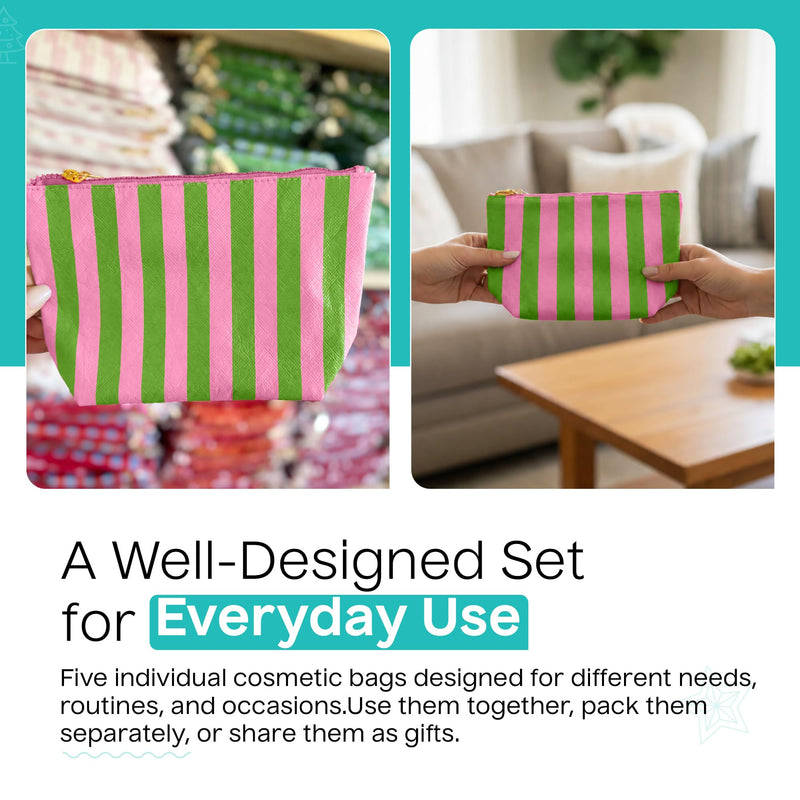 Preppy Stripe Crinkle Makeup Bag Set of 5 Travel Cosmetic Bags | Pink and Green, 6 x 9 x 3 in, Crinkle & stripe design, waterproof fabric, generous capacity, gift for women Green/Pink