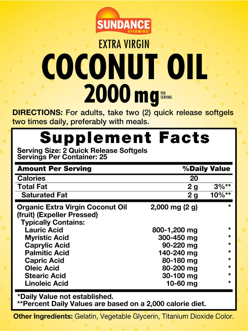 [Australia] - Extra Virgin Coconut Oil Softgels | 2000mg | 50 Count | Non-GMO and Gluten Free Supplement | By Sundance 