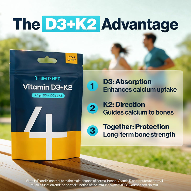 Vitamin D3 K2 Tablets (800 IU + 100µg MK7) – 365 Small Easy to Swallow UK Made Vegan Vitamin D Supplement (1 Year Supply) – Bone Health, Teeth, Muscle & Immune – Cholecalciferol – 4 HIM & HER Vitamin D3 + Vitamin K2 (800IU + 100µg)