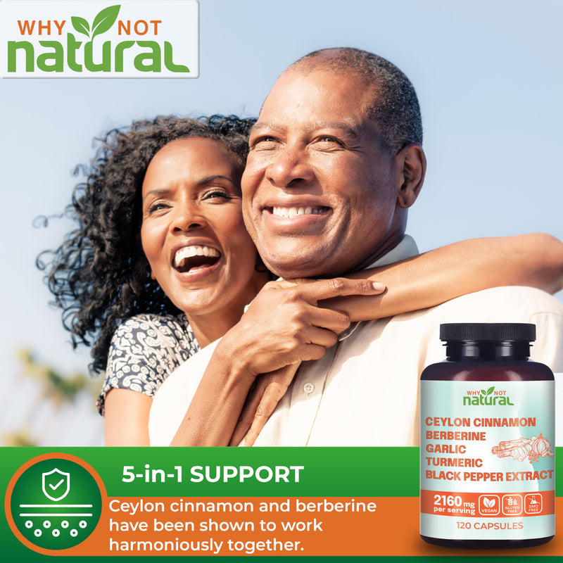 [Australia] - 5-in-1 Organic Ceylon Cinnamon Capsules with Berberine, Garlic, Turmeric, Black Pepper Extract Pills (120 Capsules) 120 Count (Pack of 1) 
