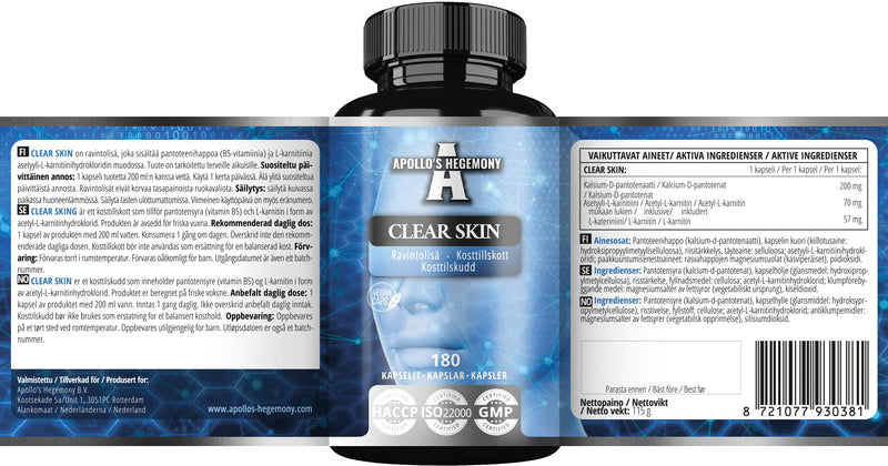 Clear Skin - Vitamin B5 200mg (Pantothenic Acid) and Acetyl-L-Carnitine 70mg, 180 Vegan Capsules, 6 Months Supply, Anti-Acne, Enhanced Skin Health, Diet Supplement - by Apollo's Hegemony