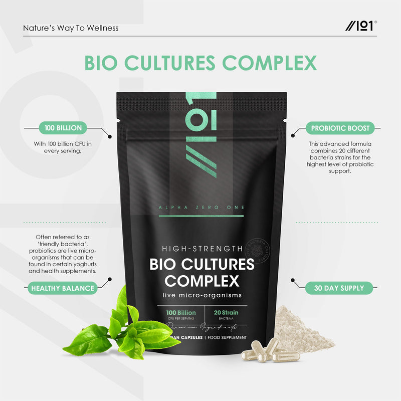 Bio Cultures Complex Probiotics - 100 Billion CFU - 20 Live Bacterial Cultures - 60 Vegan Capsules for Women & Men - Lactobacillus Acidophilus, Gasseri, Rhamnosus & Reuteri - By Alpha01