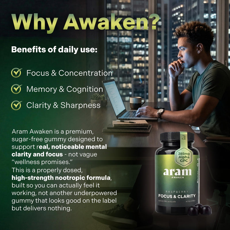 ARAM Awaken Focus & Clarity Gummies | Lion’s Mane 20:1, Alpha GPC & Bacopa Monnieri| High Strength Nootropic Formula with Methylated Vitamin B12 | Brain Support | Sugar Free Vegan | 60 Gummies
