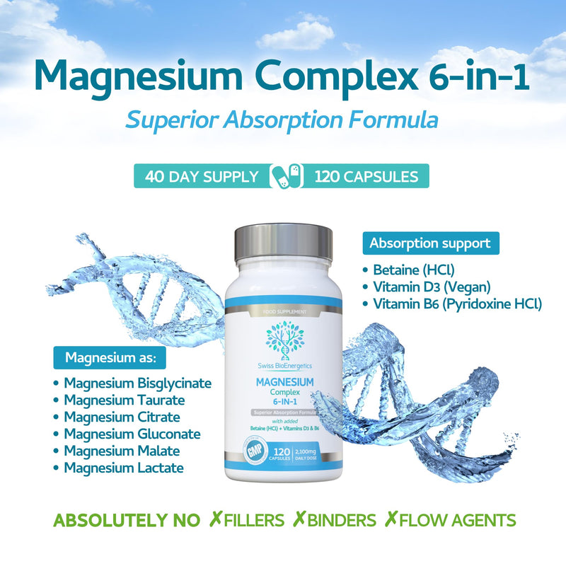 Magnesium Complex 6-in-1 | Max Absorption Formula 2100mg of Magnesium Bisglycinate, Magnesium Taurate, Magnesium Citrate, Magnesium Gluconate, Magnesium Malate, Magnesium Lactate, Vegan UK Made