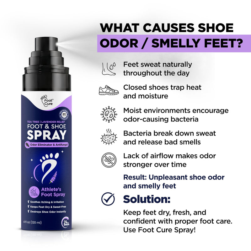 Foot Cure Shoe Deodorizer Spray - Tea Tree | Lavender Shoe Deodorizer for Smelly Feet, Athletes Foot Spray Odor Eliminator and Sweat Control | Removes, Controls & Prevents Odors - 120ml Made in USA