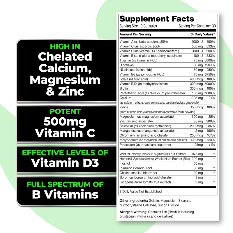 Species Nutrition V-Mineralyze All-Purpose Multivitamin, Vitamin C and D3, Chelated Minerals, Blueberry Extract with Anti-Oxidant Properties, 300 Capsules
