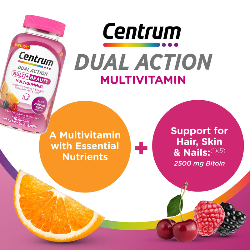 Centrum Multivitamin Gummy, 100 Count (Pack of 1) | Beauty Dual Action Multivitamin, Specially Designed with Biotin for Healthy Hair, Skin and Nails, GLP-1 Support 100 Count (Pack of 1)