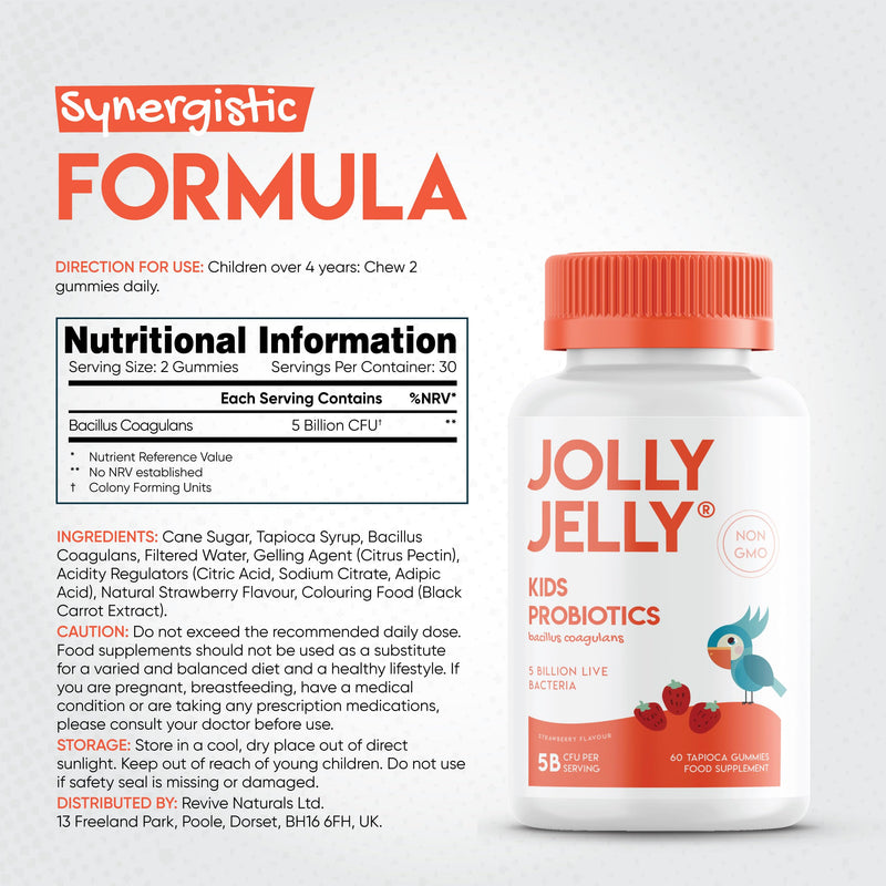 Kids Probiotics Gummies - 5B CFU Bacillus Coagulans Live Bacterial Cultures – 60 Vegan Gummies - Age 4+, Strawberry Flavour by Jolly Jelly