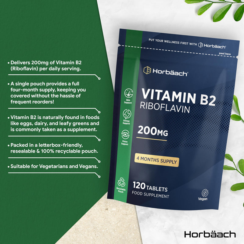 Vitamin B2 Riboflavin 200mg | 120 Vegan Tablets (4 Months Supply) | High Strength Supplement | No Artificial Preservatives | by Horbaach