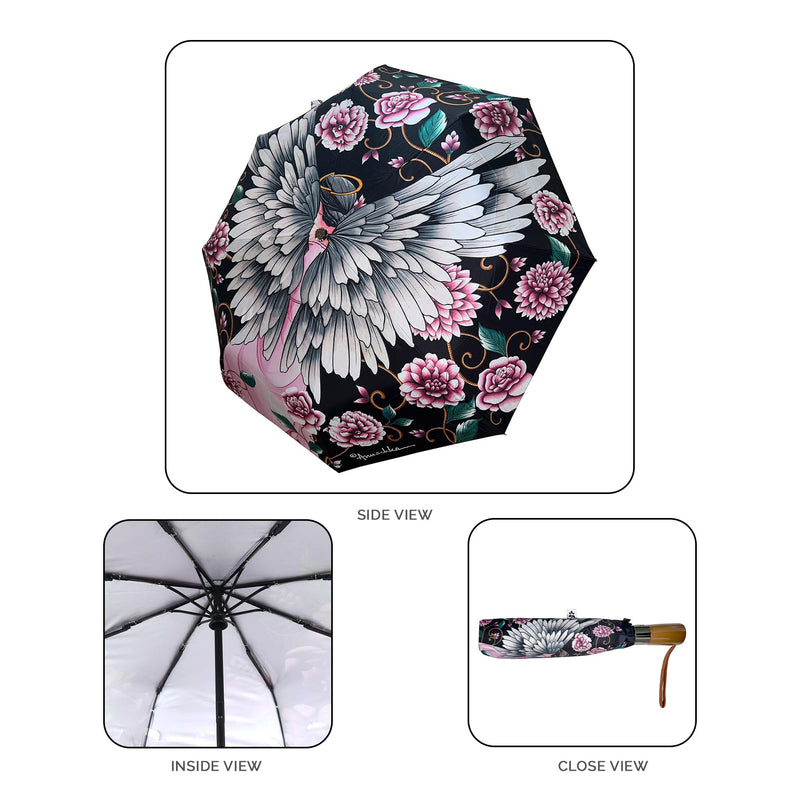 Anuschka Women’s Printed Umbrella – Foldable Umbrella with Automatic Open & Close Button - 3100 Guardian Angel Black