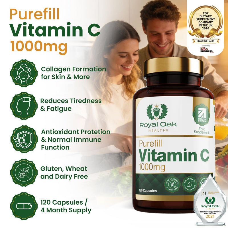 100% Purefill Vitamin C 1000mg High Strength 1 Per Day Capsules | No Fillers or Binders | 4 Month Supply | UK Made VIT C Supplement | Vegan Friendly