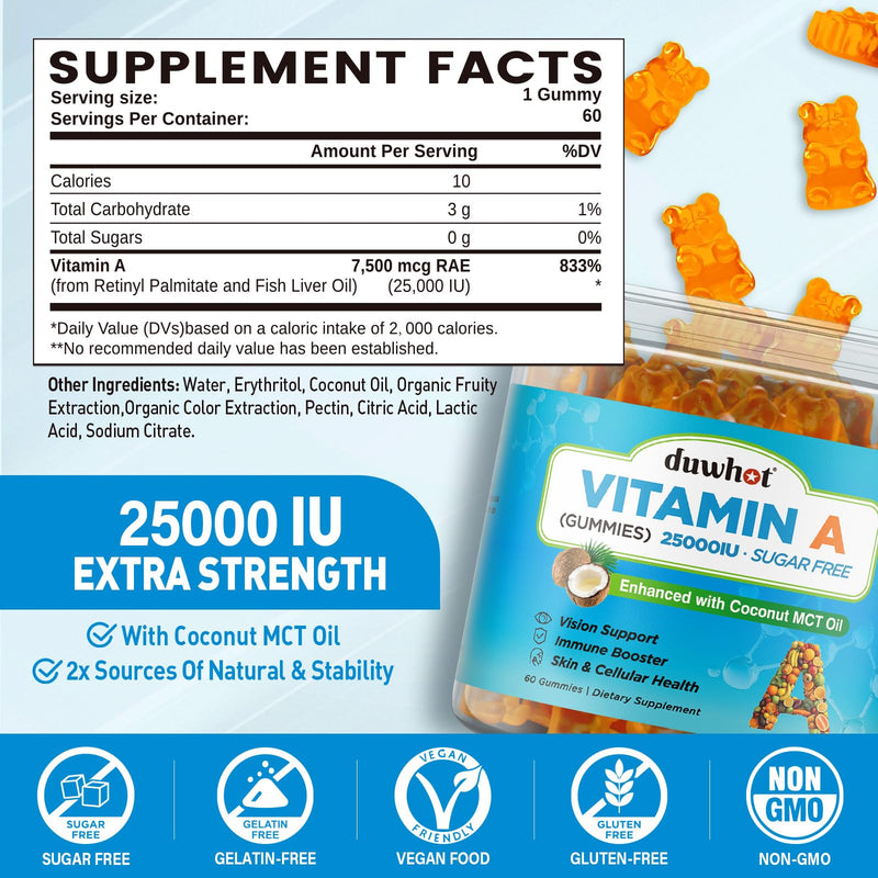 [Australia] - Vitamin A Gummies, 25000IU Vitamin A Supplement from Retinyl Palmitate & Fish Liver Oil, with Coconut Oil for High Absorption, Vision, Skin & Immune Health, Sugar-Free, Non-GMO, 60 Servings 