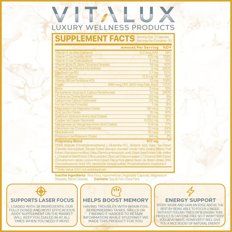 VITALUX || ADDY ULTRA #1 New Adderall Substitute Pills for Enhanced Focus, Boosted Memory & Natural Energy | 38+ Ultra Strength Ingredients & Science Backed | 3rd Party Tested & USA Made - 60 Capsules