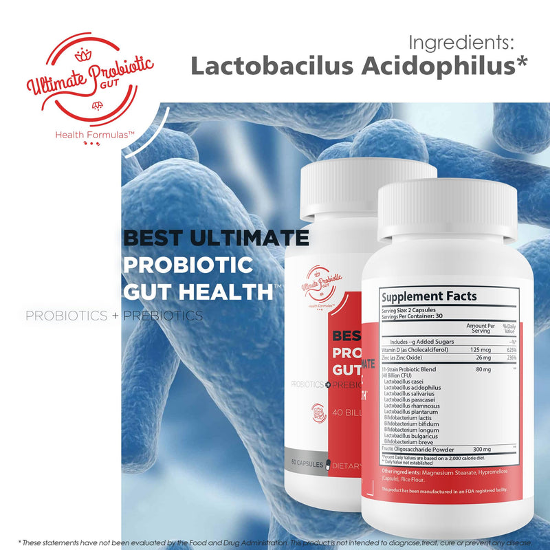Best Ultimate Probiotic Gut Health - Our Best Total Gut Probiotic - Ultimate 11 Strain Probiotics & Prebiotic Formula to Restore Gut Health - Leaky Gut Supplement - Acid Reflux Probiotics