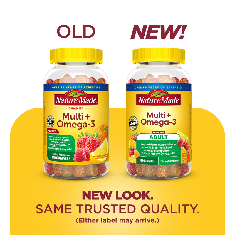 Nature Made Multivitamin + Omega-3, Multivitamin Gummies for Adults, 140 Ct | Adult Gummy Vitamins & Minerals, Multivitamin Gummies for Women and Men, Daily Nutritional Support, 70 Day Supply Strawberry, Lemon & Orange 140 Count (Pack of 1)
