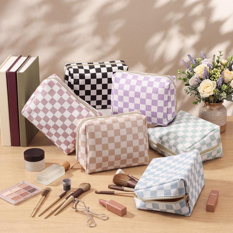 FoldTier 6 Pcs Checkered Makeup Bag Bulk for Women | Travel Cosmetic Bag with Zipper Organizer Toiletry Pouch 8.7 x 5.9 x 3.9 Inch Pencil Pouch for Purse Party Favor