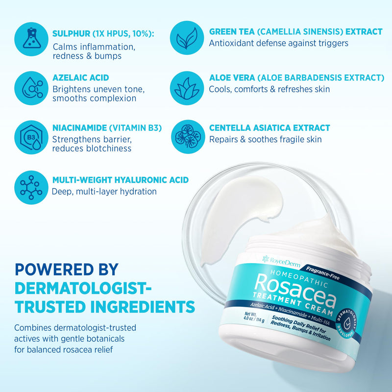 [Australia] - Roycederm Rosacea Treatment for Face with Azelaic Acid ‚Äì Redness Relief & Corrector ‚Äì Sensitive Skin Moisturizer for Redness, Bumps & Irritation with & Sulphur, Niacinamide, Centella & Ceramides 