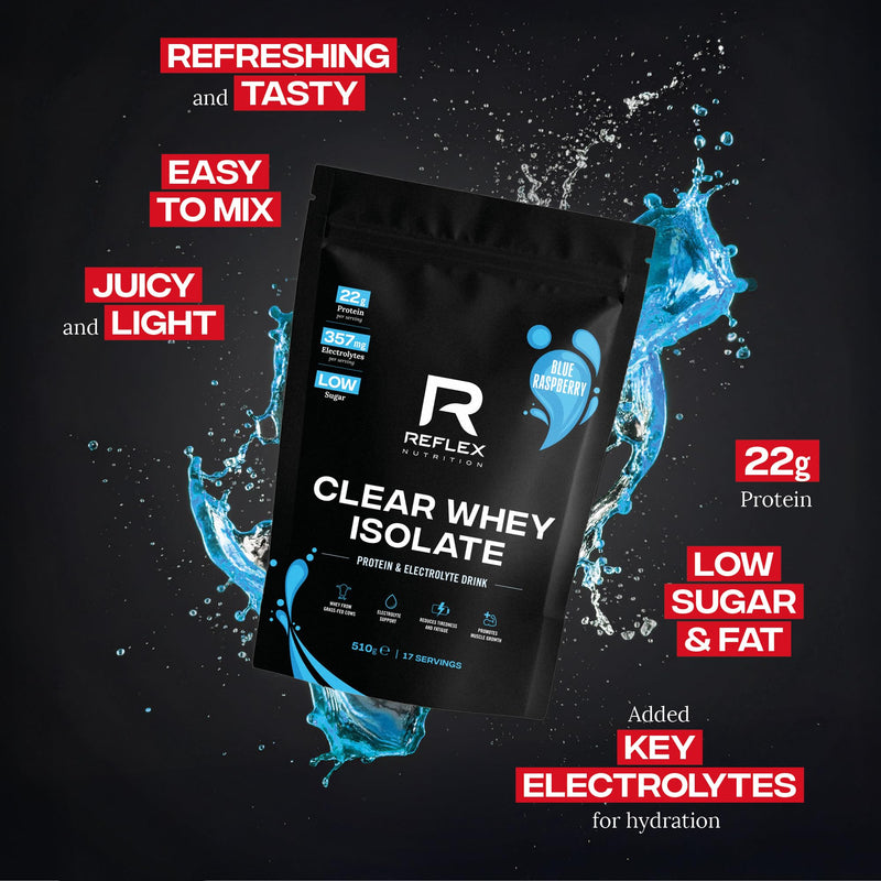 Reflex Nutrition Clear Whey Isolate Protein Powder - High Protein (22g), Low Fat, Low Sugar - Muscle Growth & Hydration - Juicy, Light and Refreshing - No Frothing (Blue Raspberry, 510g, 17 Servings)