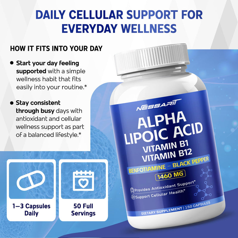 Alpha Lipoic Acid 1460 mg with 1200 mg ALA, Benfotiamine, Ubiquinol CoQ10, Vitamin B1, B12 & Black Pepper | Antioxidant & Cellular Wellness Support | 150 Capsules 150 Count (pack of 1)
