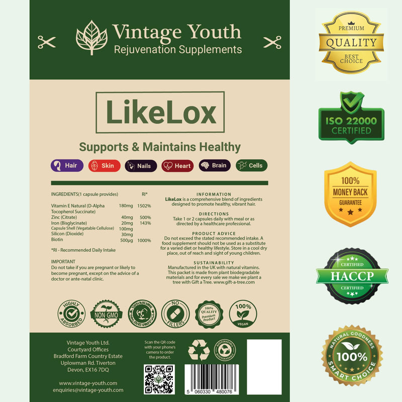 LikeLox Hair Growth Supplement for Women & Men – Biotin, Zinc, Silica & Iron | Thicker Strands & Reduced Thinning Support | Vegan Vitamins for Regrowth, Strength & Volume | UK Made