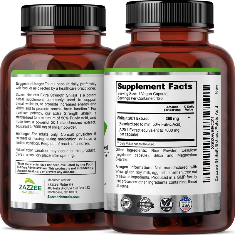 [Australia] - Zazzee 100% Pure Organic Himalayan Shilajit 20:1 Extract, 7000 mg Strength per Capsule, 50% Fulvic Acid, 120 Servings per Bottle, 20X Potency, Rich in Trace Minerals, Non-GMO, Vegan, Made in The USA 
