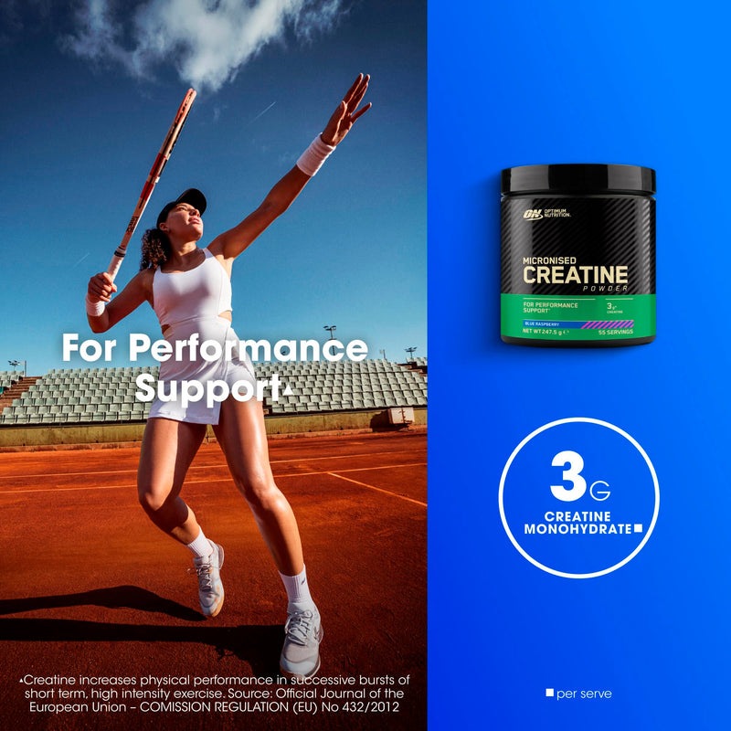 Optimum Nutrition Micronised Creatine Powder Flavoured, Blue Raspberry – 3 g creatine monohydrate per Serving, Muscle Fuel for high Intensity Training, 360 g, 80 Servings – Performance Support 360g