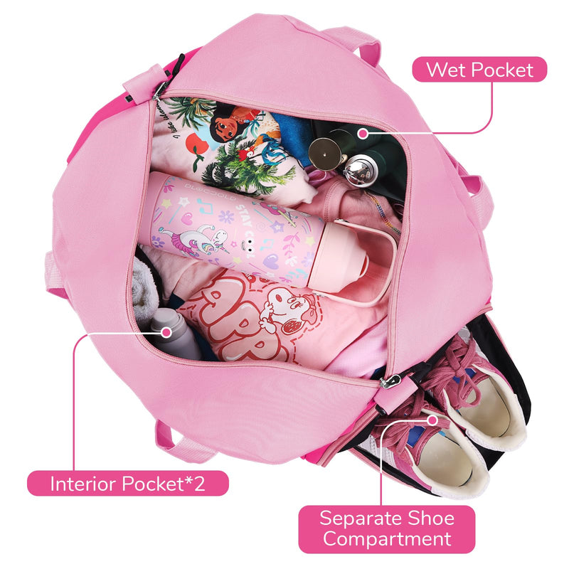 WOOMADA Kids Duffle Bag for Boys or Girls, Kids Overnight Bag with Shoe Compartment＆Wet Pocket, Ideal for School Practice, Sports, Travel(pink)