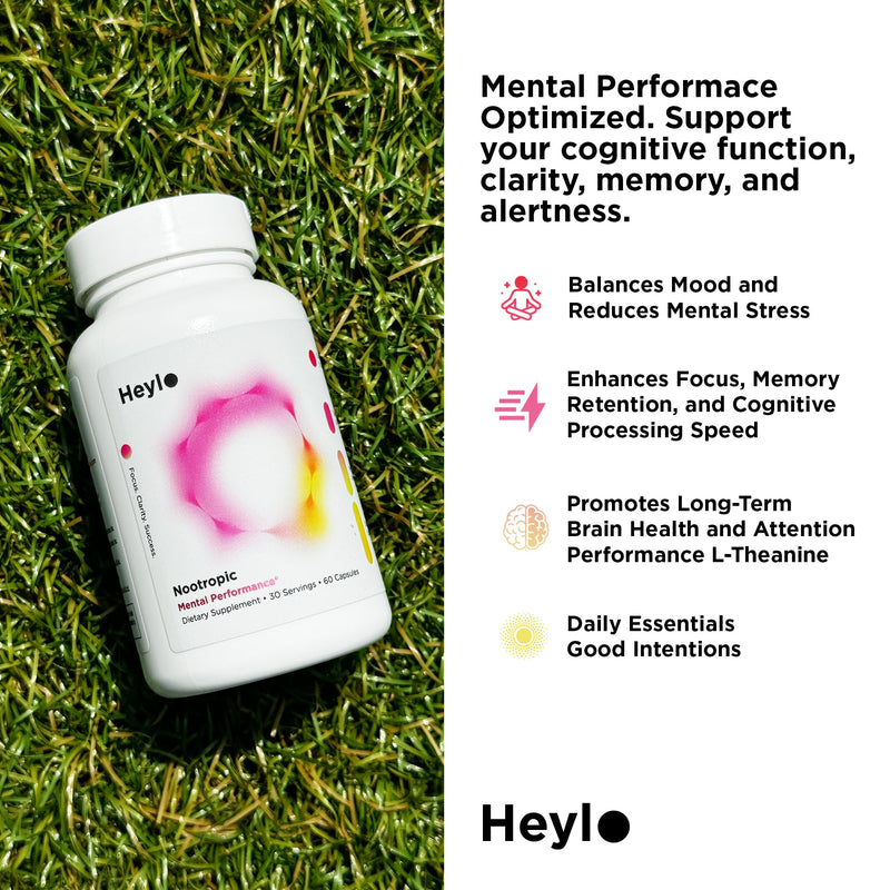 Heylo Nootropic Brain Supplement for Focus, Energy, and Memory | Cognizin® Citicoline, L-Theanine, PurCaf® Caffeine, Phosphatidylserine, B6 | 60 Capsules – Clean, Plant-Based Cognitive Support
