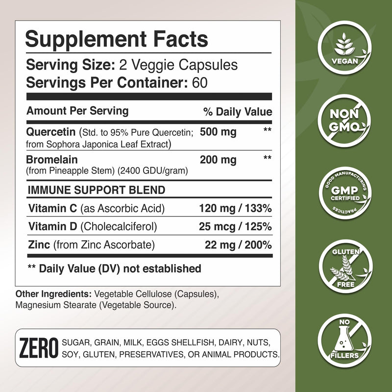 [Australia] - Quercetin with Vitamin C and Zinc - Quercetin 500mg - Quercetin with Bromelain - Zinc Quercetin - 120 Veggie Caps. Quercetin Supplements + Vitamin D3 (Non-GMO, Gluten-Free, Vegan) 2 Month Supply 120 Count (Pack of 1) 