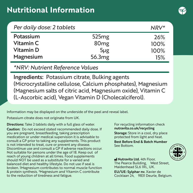 Nutravita Potassium Supplement 525mg with Vitamin C, D & Magnesium - 150 Vegan Tablets - High Strength Potassium Citrate - Electrolytes Support - Contributes to Normal Muscle Function