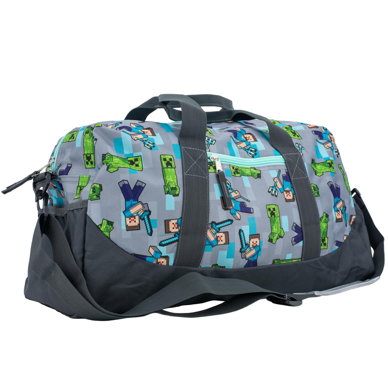 Minecraft Duffle Bag, 16 inch Travel Sleepover Weekender Bag for Girls & Boys, Green/Gray Grey