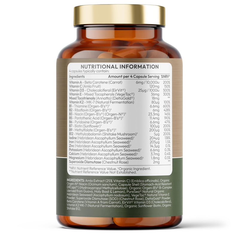 Whole Food Plant-Derived Multi Vitamin 100%+ Daily with TetraSOD® Super Antioxidant - Natural, Non-Synthetic Vitamins - Highly Bioavailable - Zero Additives - UK Manufactured (180 Capsule Pouch) 180 count (Pack of 1)