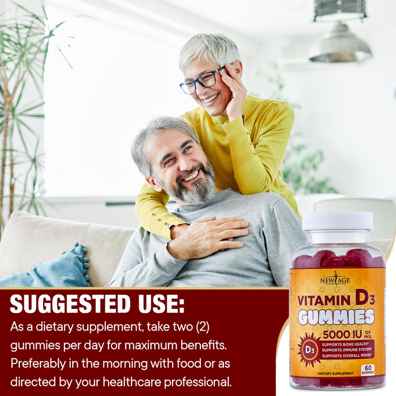 NEW AGE Vitamin D3 5000 IU 125mcg Gummies - Immune Supplement - Non-GMO, Gluten-Free, Dairy-Free, No Gelatin (120 Gummies (Pack of 2)) 120 Gummies (Pack of 2)