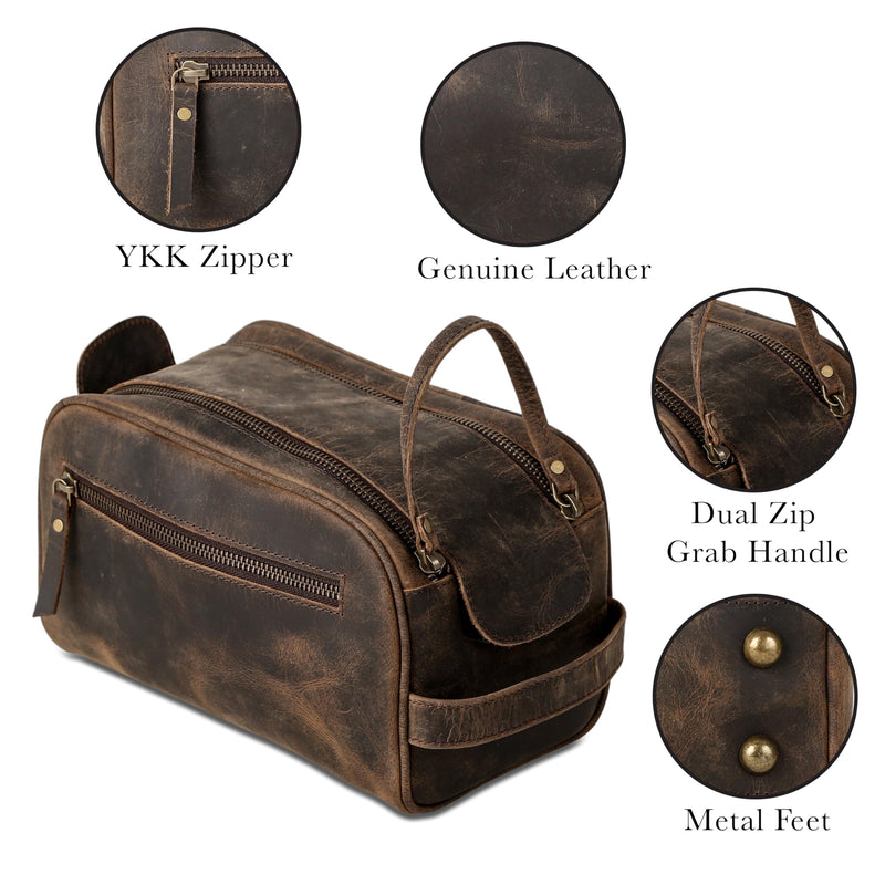 KomalC Travel Toiletry Bag – Premium Leather Dopp Kit for Men & Women with Water-Resistant Lining & Spacious Zippered Organizer 1 Zip Classic