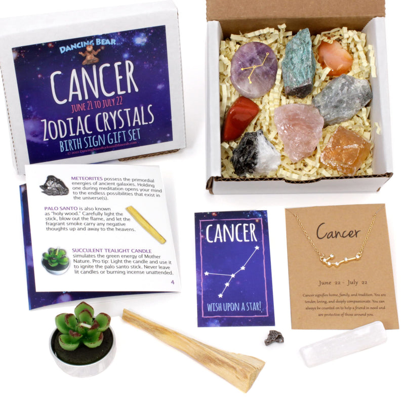 [Australia] - DANCING BEAR Cancer Zodiac Healing Crystals Gift Set, (14 Pc): 9 Stones, 18K Gold-Plated Constellation Necklace, Meteorite, Succulent Candle, Palo Santo Smudge Stick, and Info Guide, Made in The USA 