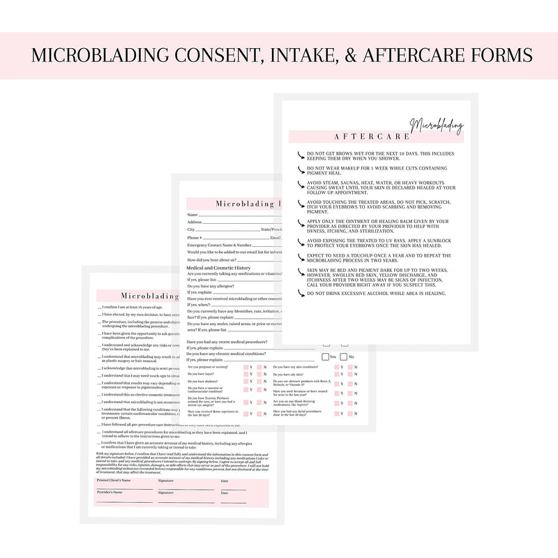 [Australia] - Microblading Intake, Consent, and Aftercare Form | Printed Physical 8.5 x 11" A1 Forms | Clients Signature | White and Pink Design 