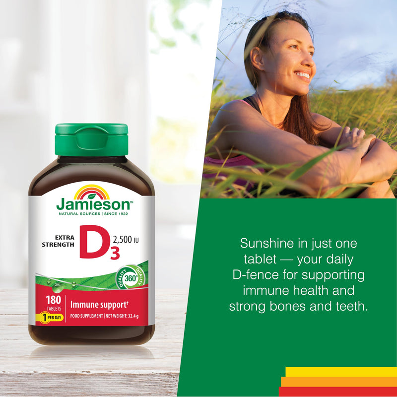 Jamieson Vitamin D3 2,500 IU Tablets, High Potency, Extra Strength, Supports Immune Health, Muscle Function, Bones, & Teeth Vegetarian, Gluten-Free, No Artificial Colours, or Flavours, 180 Count