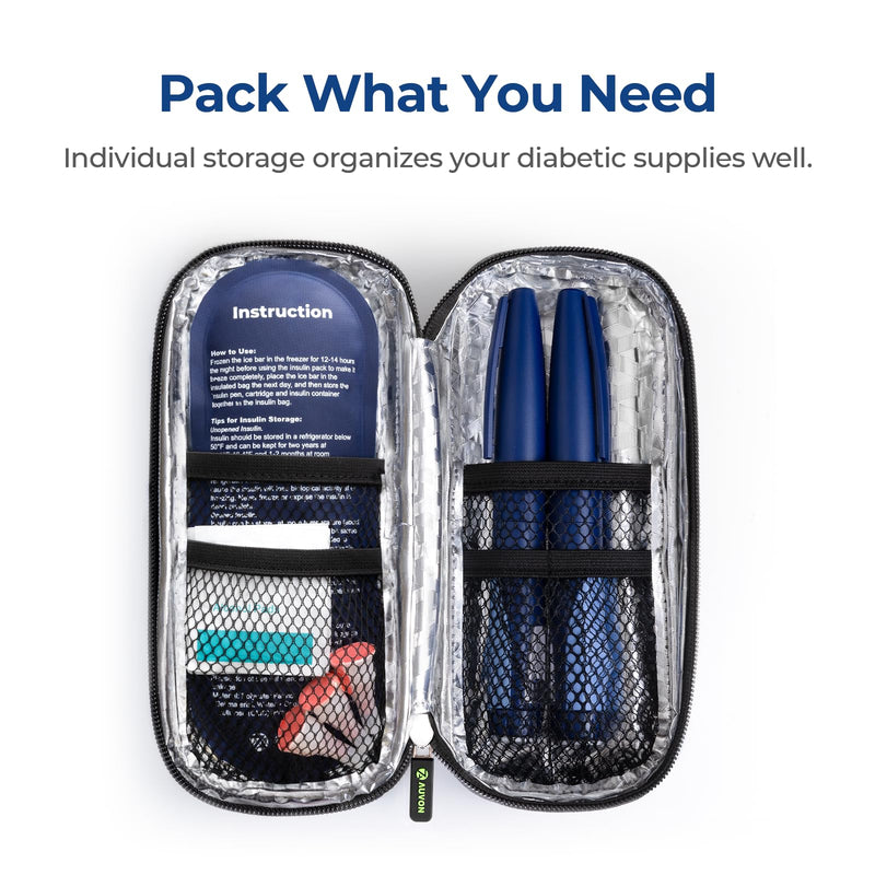 [Australia] - AUVON Insulin Pen Cooler Travel Case with 2 * 90g TSA Approved Ice Packs, Diabetic Medication Insulated Cooling Bag for Insulin Pens and Diabetic Supplies Storage, Compact for Daily Life and Trips Black 