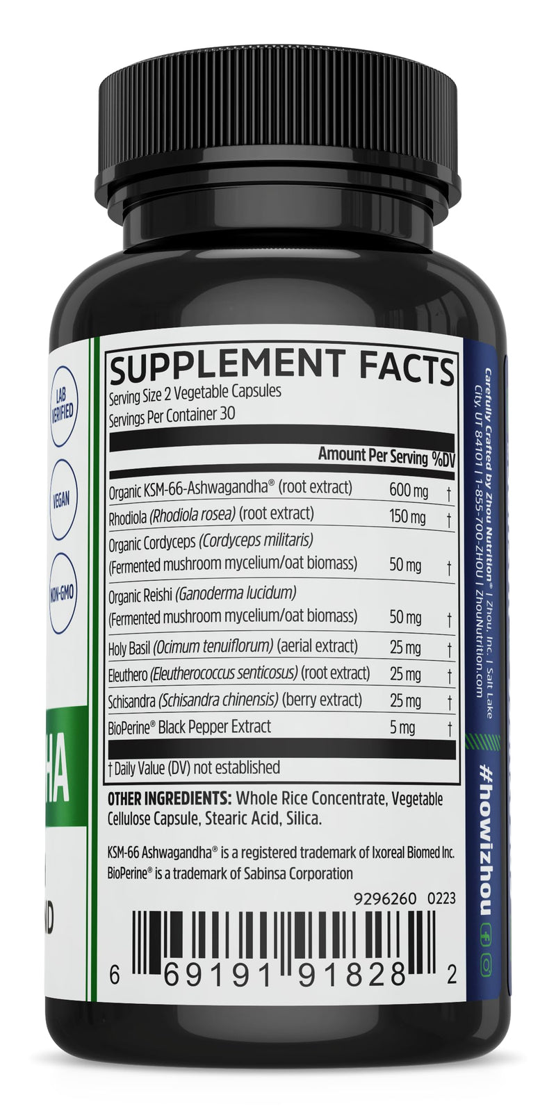 [Australia] - Zhou Nutrition Ashwagandha Capsules, Blend of Rhodiola, Holy Basil, Cordyceps, Reishi & Ashwagandha Supplement, 30 Servings, 60 Capsules 