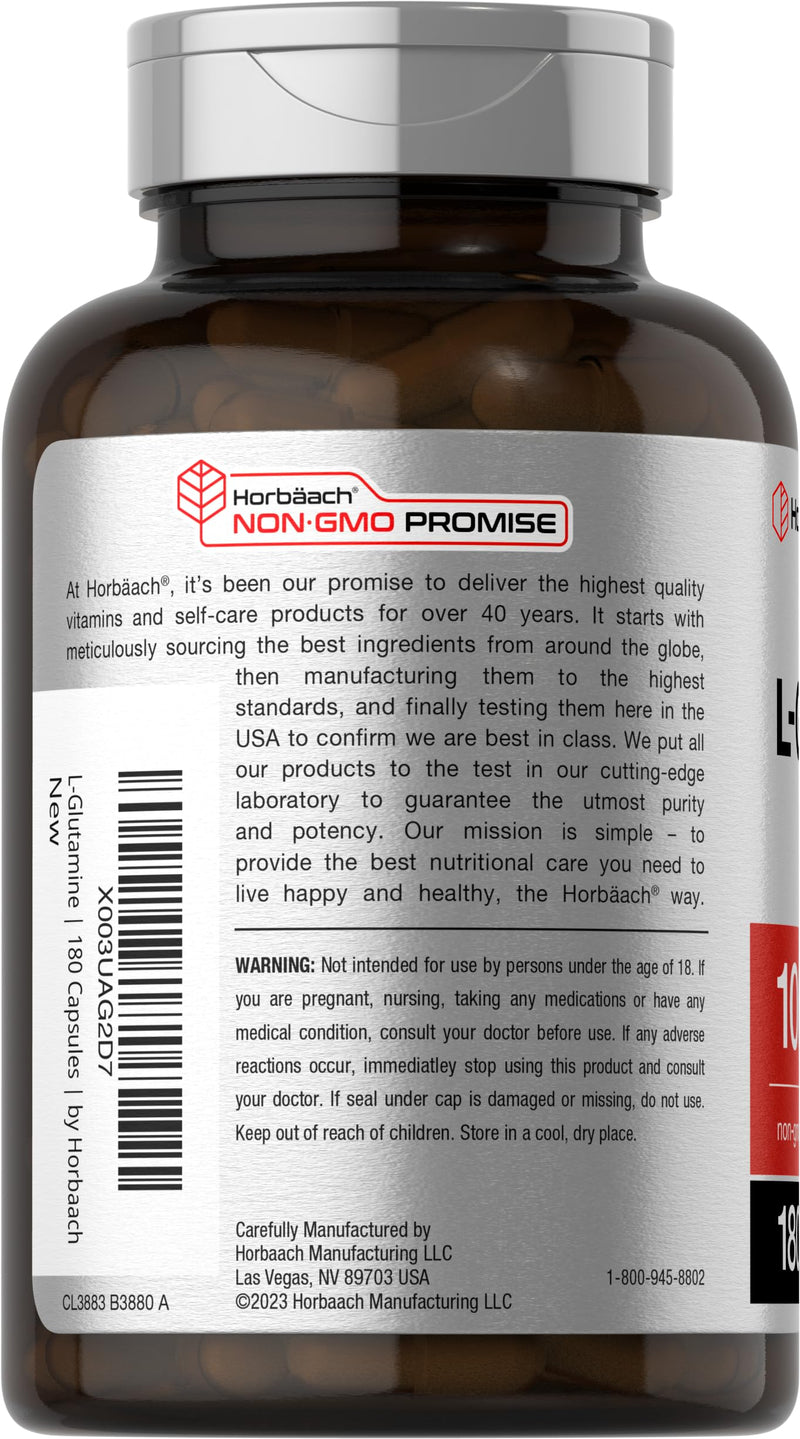 Horbäach L Glutamine Capsules | 1000mg | 180 Count | Pre and Post Workout | Non-GMO, Gluten Free Supplement