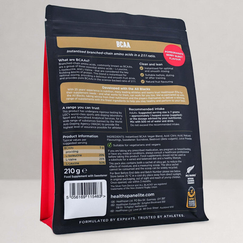 Healthspan Elite All Blacks BCAAs | Pomegranate Berry Burst Flavour | 5g BCAAs for Post-Workout Recovery| 2:1:1 Ratio Backed by Science | L-Leucine, L-Isoleucine, and L-Valine