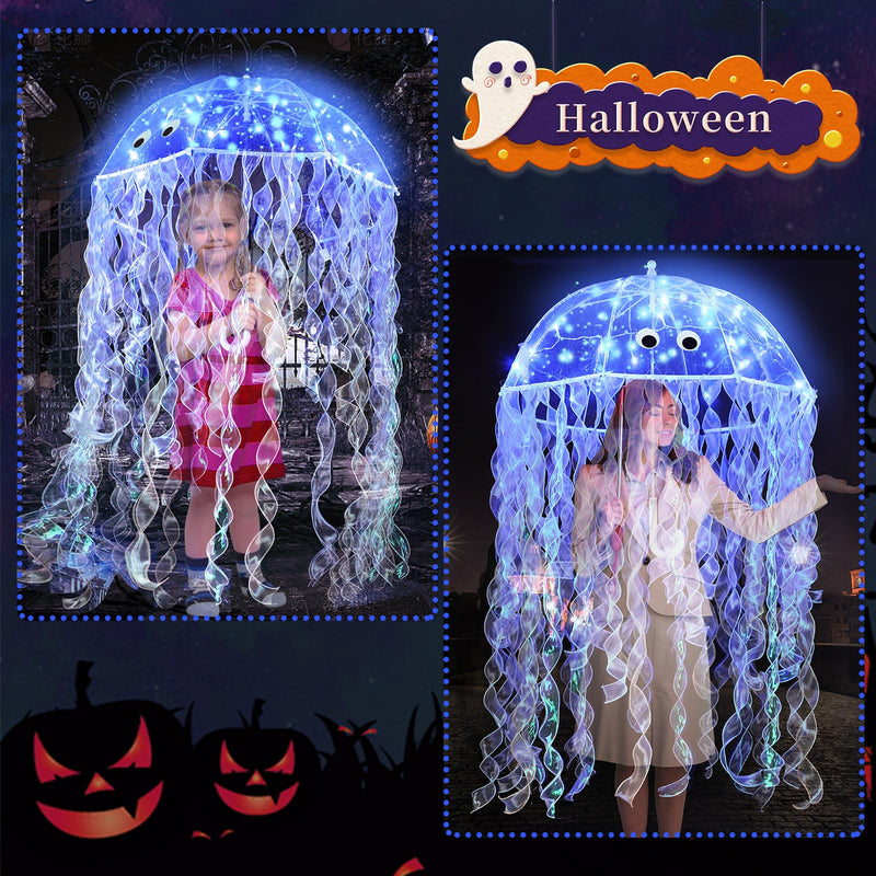 Halloween DIY Jellyfish Costume Set Including Clear Bubble Umbrella Ribbons LED String Lights Eyes and Glue for Halloween Costume Sea Creature Cosplay
