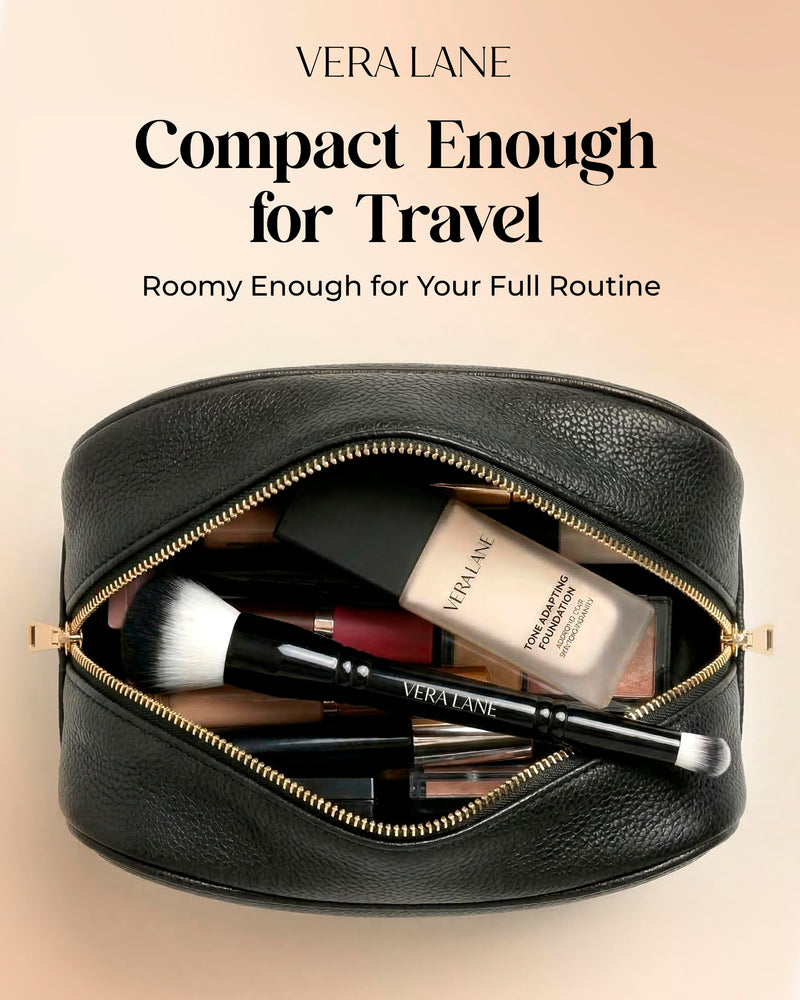 Travel Makeup Bag for Women Black - Made from Vegan Leather (7" x 5" x 2.3")