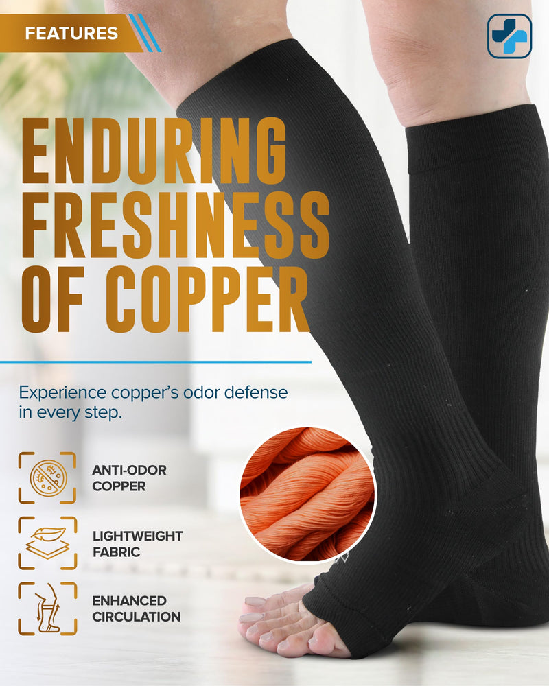 [Australia] - Doctor's Select 3 Pairs Copper Toeless Compression Socks for Men - 20-30 mmHg Open Toe Compression Socks Women, Toeless Socks, Knee High, Black Black - 3 Pairs Large-X-Large 