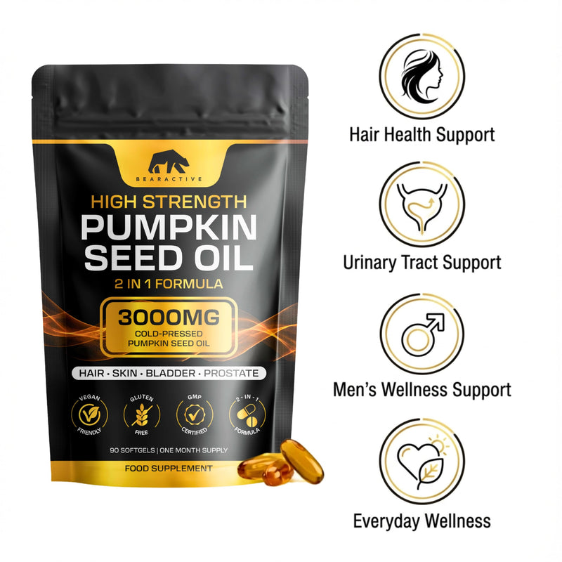 Pumpkin Seed Oil Capsules 2-in-1 Formula – 3000mg High Strength Cold Pressed Pumpkin Seed Oil – Omega 3 6 9 Capsules Supplement – Prostate & Bladder Support – 90 Softgels