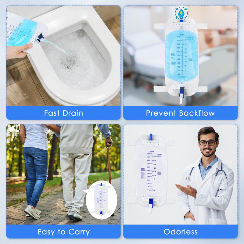 [Australia] - Geiserailie 5 Pack 1000ml Leg Bag Urinary Drainage Bag with Anti Reflux Valve, 33.8oz Large Capacity Urine Leg Catheter with Cloth Straps, Easy Flip Drain, Urinary Catheter for Men, Women 